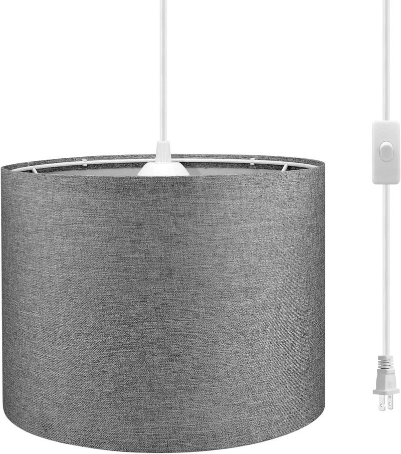 KUAUGST Plug in Pendant Light, 15 FT Hanging Lamp with Plug in Cord, On/Off Switch, Pendant Lighting with Fabric Shade, Hanging Light Fixture for Living Room, Bedroom, Dining Room, Kitchen (Gray) - Image 1